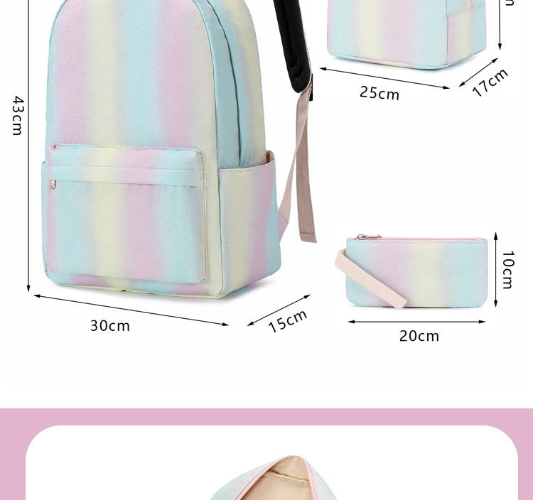 Girl Backpack 3 Piece Set Gradual Rainbow Backpack Lunch Bag Pen Bag