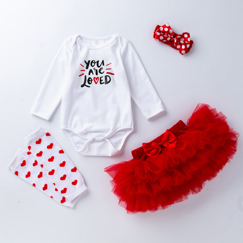 Baby Girl Valentine's Day Long Sleeve Fart Wrap 4 Pcs Set