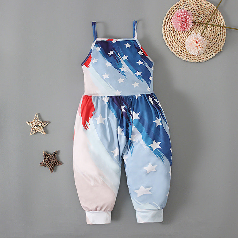 Kid Baby Girl Onesie Crawl Suit  American Flag Halter Pants Trousers