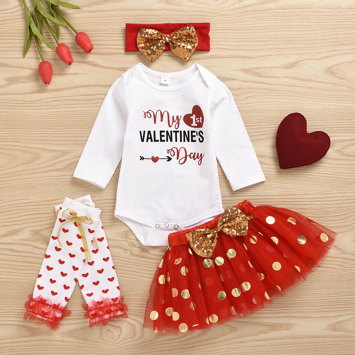 Baby Girl Valentine's Day Party Dress Black Long Sleeve 4 Pcs Sets