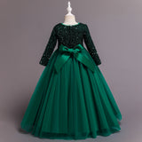 Kid Girl Sequins Birthday Evening Princess Piano Long Sleeves Dresses