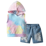 Kid Baby Boys Set Hooded Sleeveless Tie-dye Pullover 2 Pcs Set