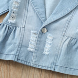 Kid Baby Girl Suit Single Breasted Solid Denim Blue 2 Pcs Sets