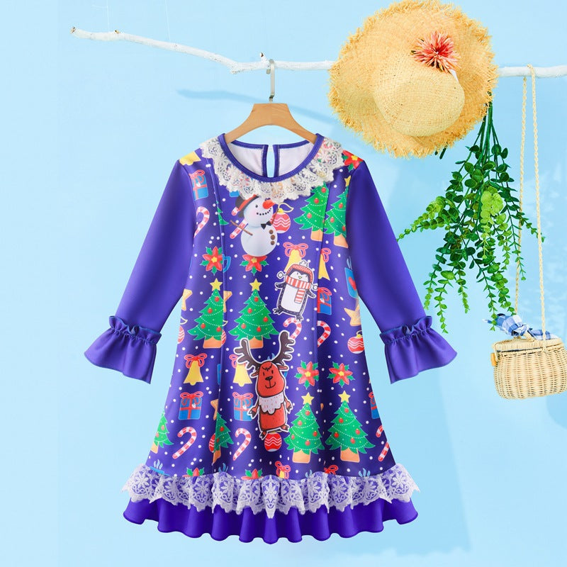 Kid Girl Long-sleeved Christmas Printed Flared Sleeves Flower Dress