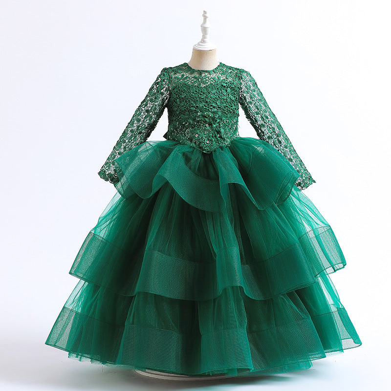 Kid Baby Girl Long Sleeved Sequins Gauze Puffy Princess Dress