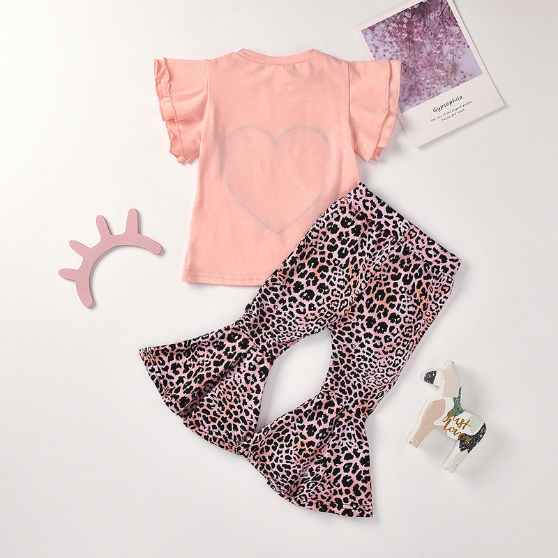 Girl Suit Love Valentine's Day Short Sleeve Leopard Print 2 Pcs Sets