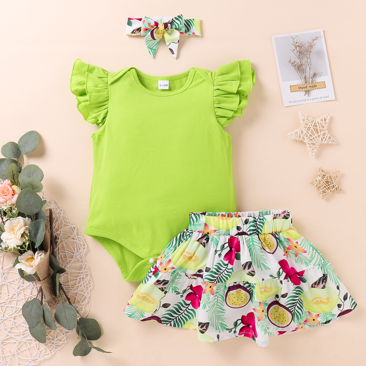 Baby Girls Flying Sleeves Round Collar Ins Fashion 3 Pcs Set