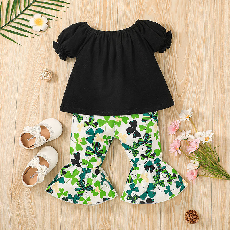 Little Baby Girl Bubble Sleeve Suit Summer Four-leaf Printed Bell 2 Pcs Set