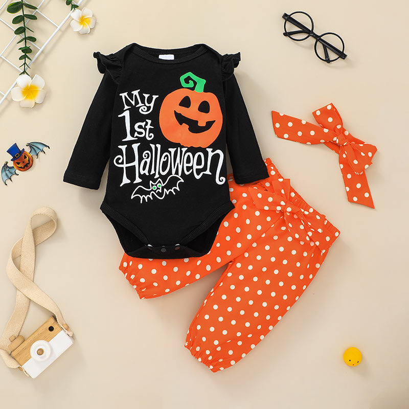 Baby Girl Boy Long Sleeve Halloween Print Bodysuit Pumpkin 2 Pcs