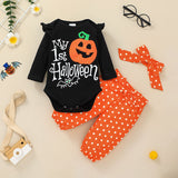 Baby Girl Boy Long Sleeve Halloween Print Bodysuit Pumpkin 2 Pcs