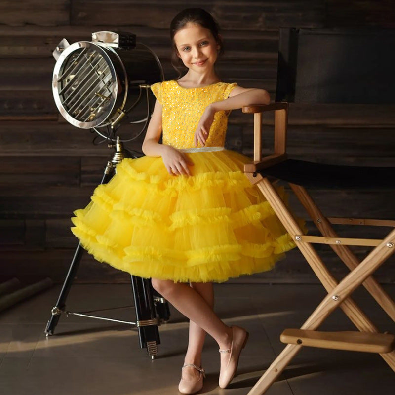 Kid Baby Girl Solid Color Cake Sequin Splicing Princess Mesh Gauze Dresses