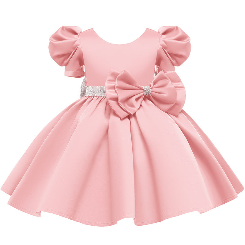 Kid Girl Princess Double Shoulder Bubble Sleeve Layer Bow Dresses