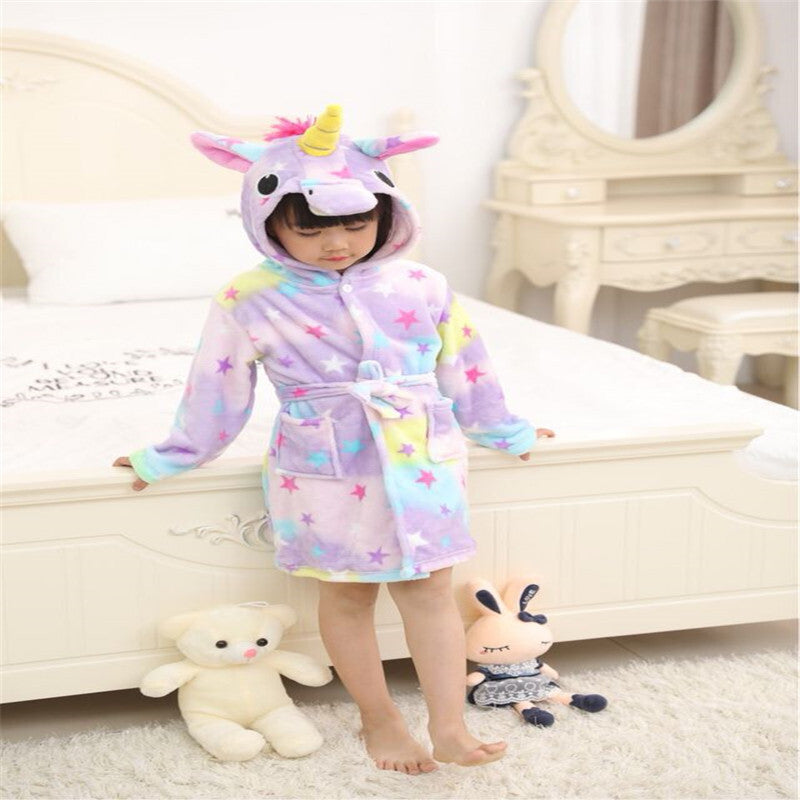 Kid Girl Flannel Pegasus Bathrobe Animal Gown Rainbow Cartoon Pajamas
