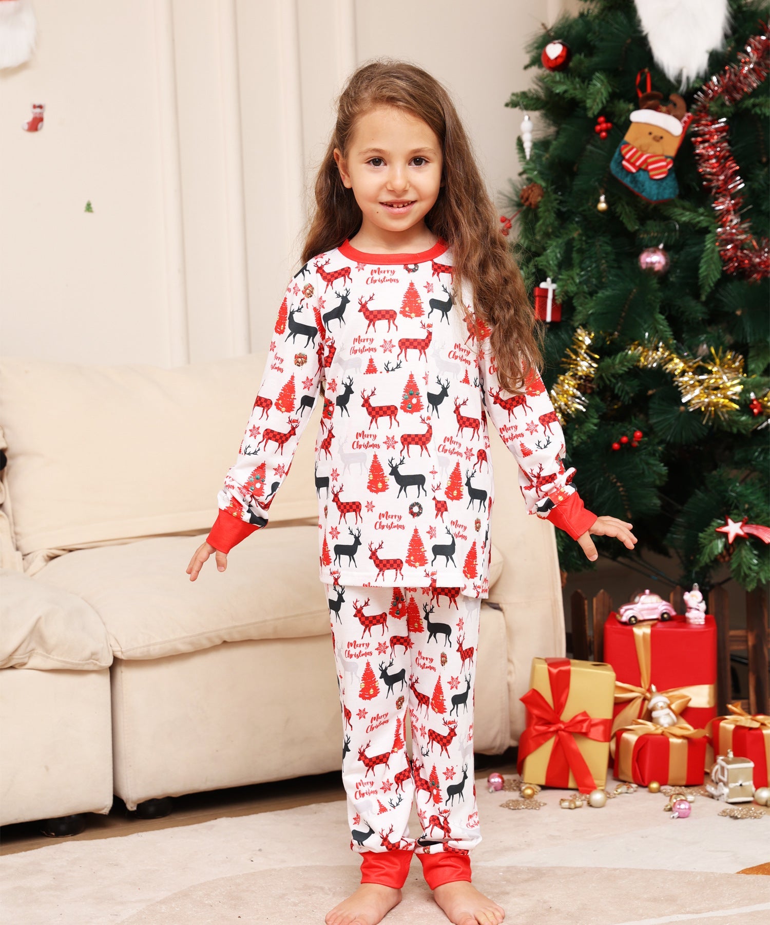 Family Alphabet Cartoon Fawn Christmas Printed Homewear Pajamas