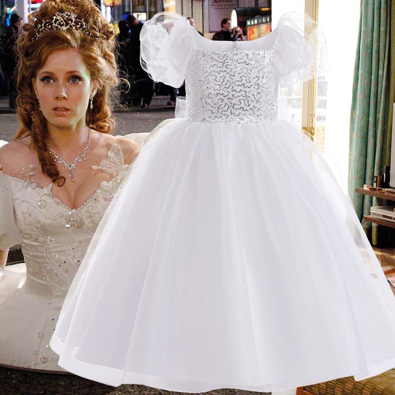 Kid Baby Girl Puff Sleeve White Pompadour Enchanted Long Dresses