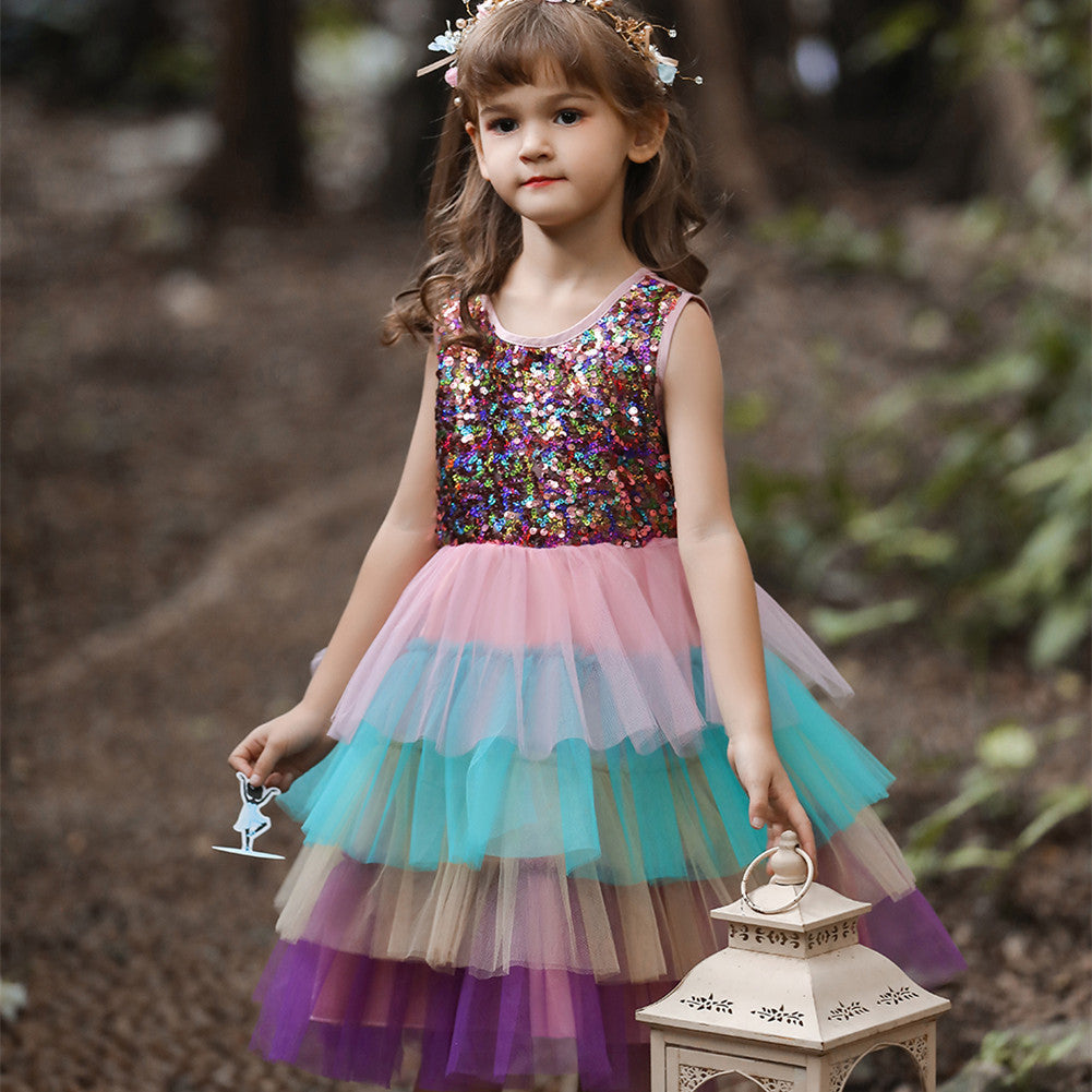 Kid Baby Girl Puffy Princess Colorful Sequins Layer Color Dresses