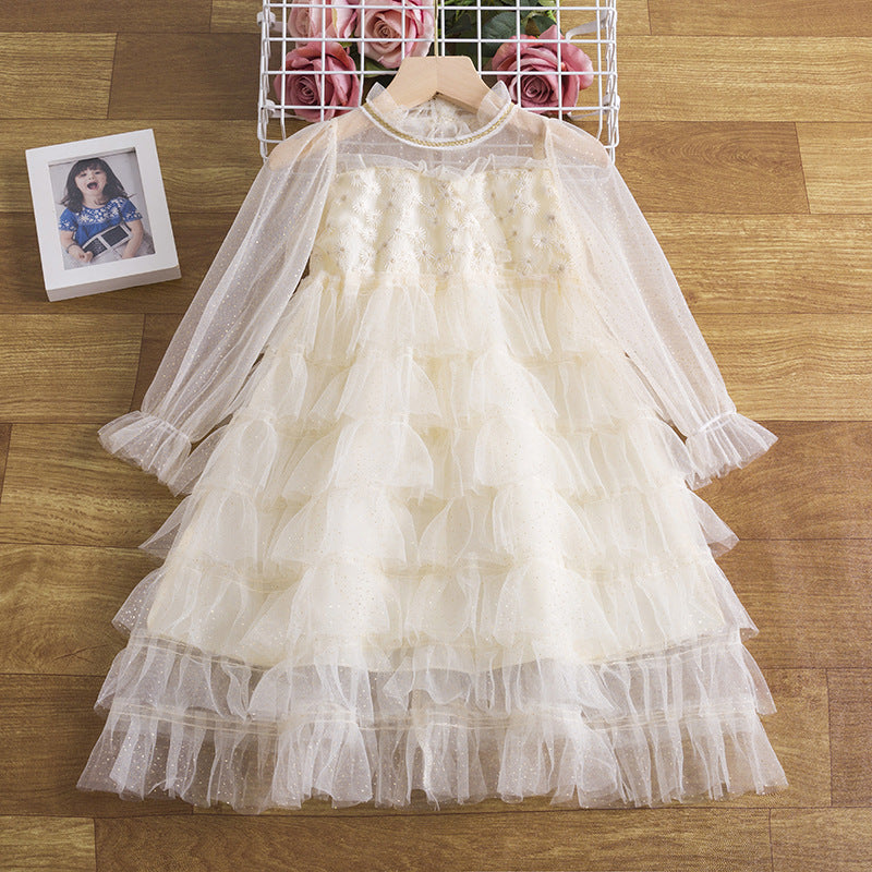 3-8T Kid Girl Floral Embriodery Flower Ruffle Layered Party Tulle Dresses