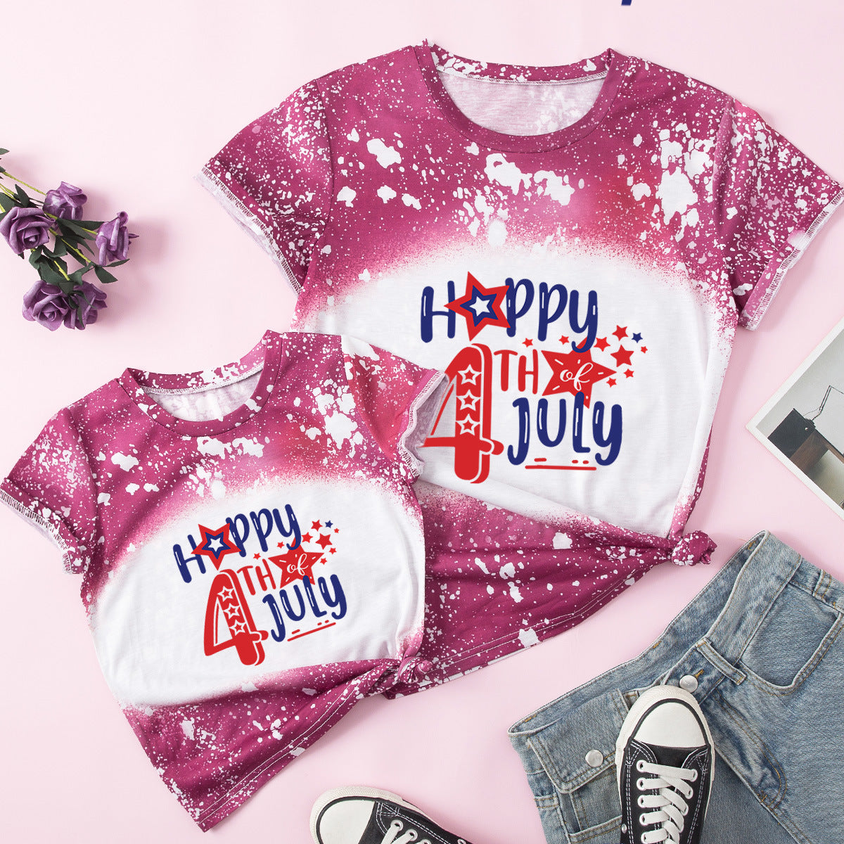 Family Matching Mother Daughter Short Sleeves Independence Day Cotton T-shirt