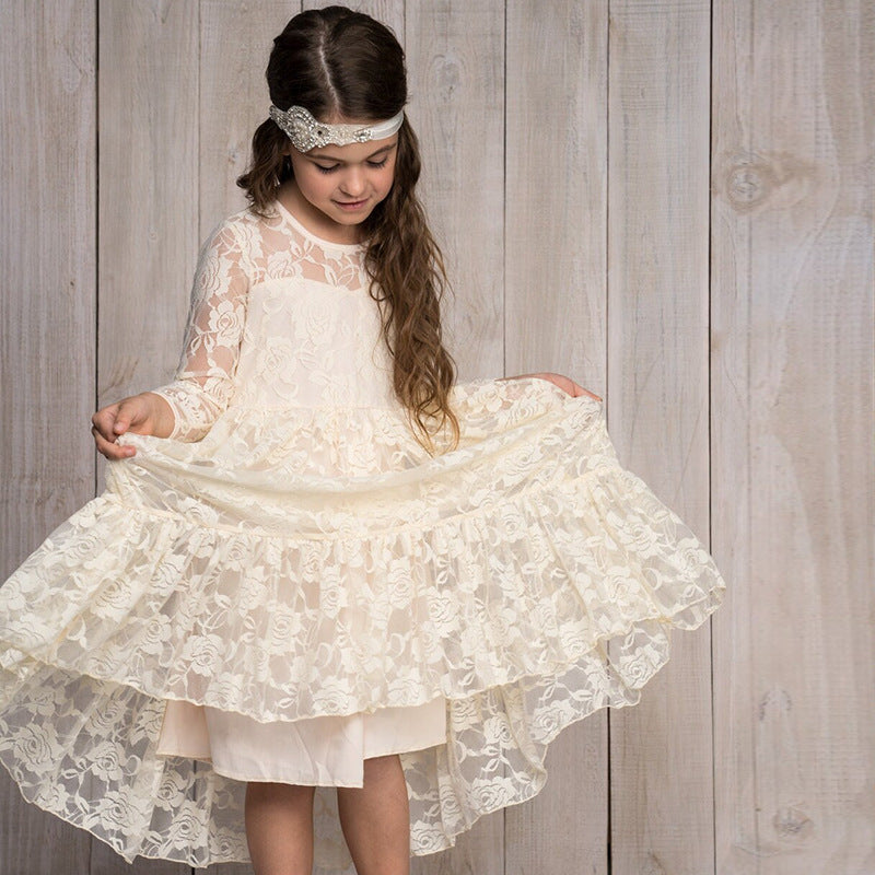 Kid Girl Long Lace Rose Embroidered Flower Mesh Yarn Dresses
