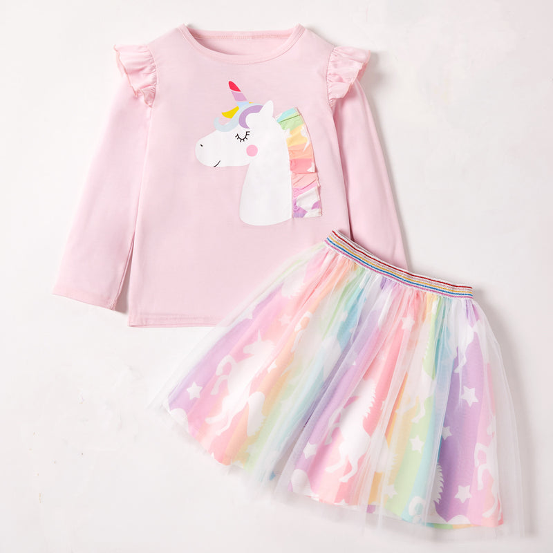 Kid Baby Girls Cartoon Pony Long-sleeved Fluffy 2 Pcs Sets
