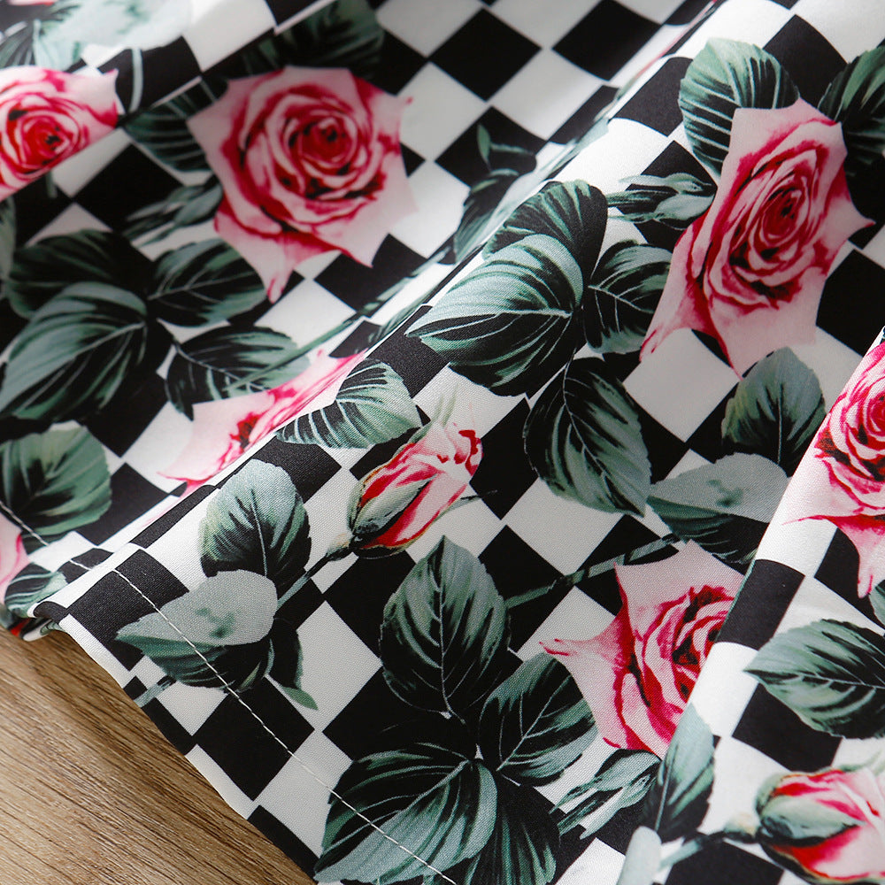 Toddler Kid Baby Girl Checkered Floral Print Princess Spring Autumn Dress