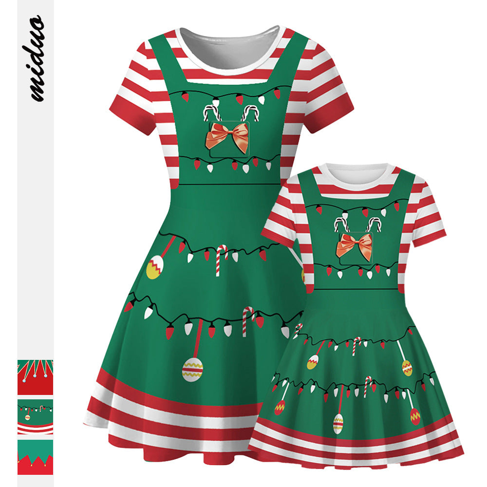 Family Matching Parent-child Christmas Digital Round Collar Short Sleeves Swing Dresses