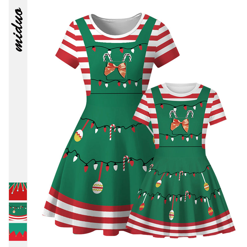 Family Matching Parent-child Christmas Digital Round Collar Short Sleeves Swing Dresses