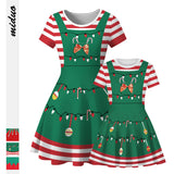 Family Matching Parent-child Christmas Digital Round Collar Short Sleeves Swing Dresses