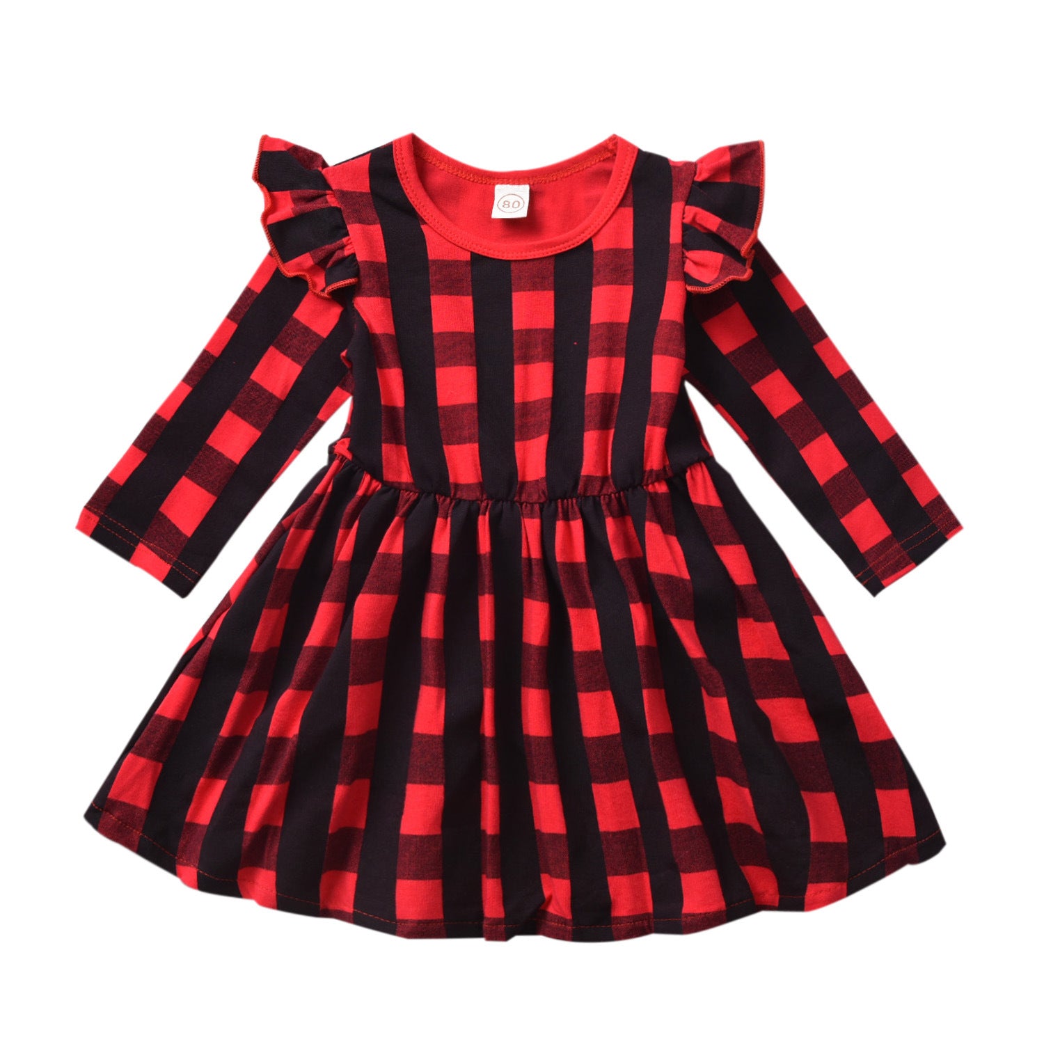 Kid Baby Girls Long Sleeve Christmas Plaid Flying Sleeve Dress