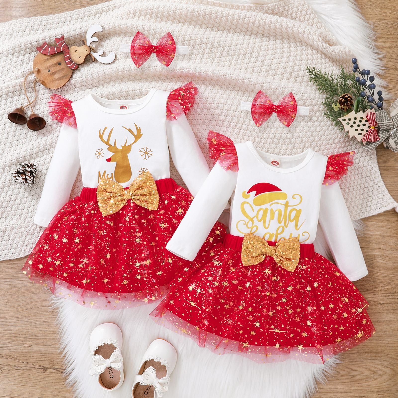 Baby Girl Christmas Fly Sleeve Harley Net Yarn Dresses
