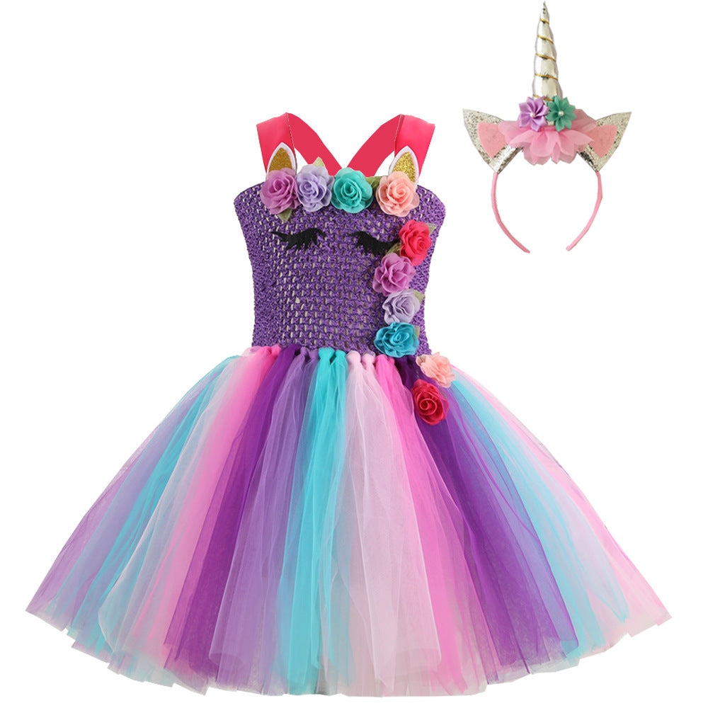 Mesh Kid Girl Flower Tutu Festival Unicorn Ballet Princess Tutu Dress