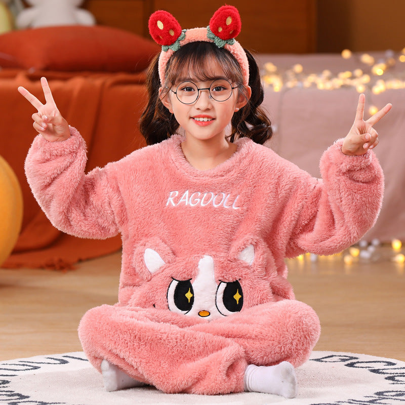 Kid Girl Autumn Winter Coral Velvet Cute Cartoon Sweet Pajamas