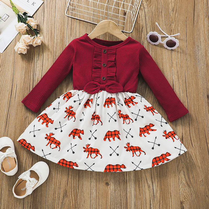 Kid Baby Girl Infant Long Sleeve Pit Splicing Spring Flower Dresses