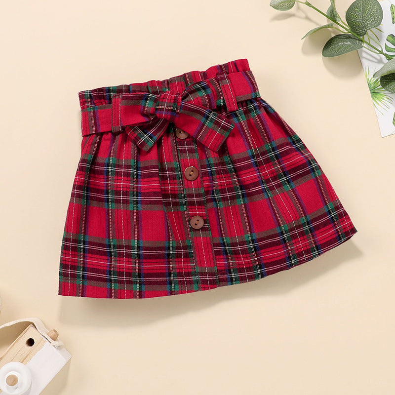 Infant Kid Baby Girls  Plaid Print Pearl Short Sleeve 2pcs Set