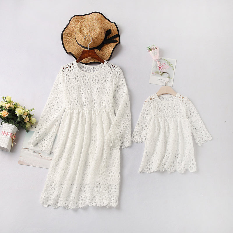 Family Matching Summer Sexy Lace Round Collar Flounces Quarter Sleeve Dresses