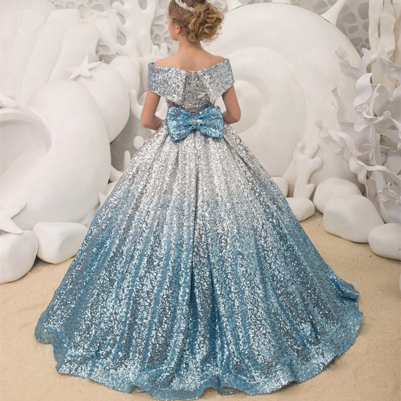 Kid Girl Silver Blue Gradual Long Tuxedo Piano Performance Dress