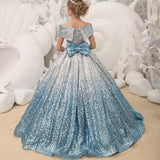 Kid Girl Silver Blue Gradual Long Tuxedo Piano Performance Dress