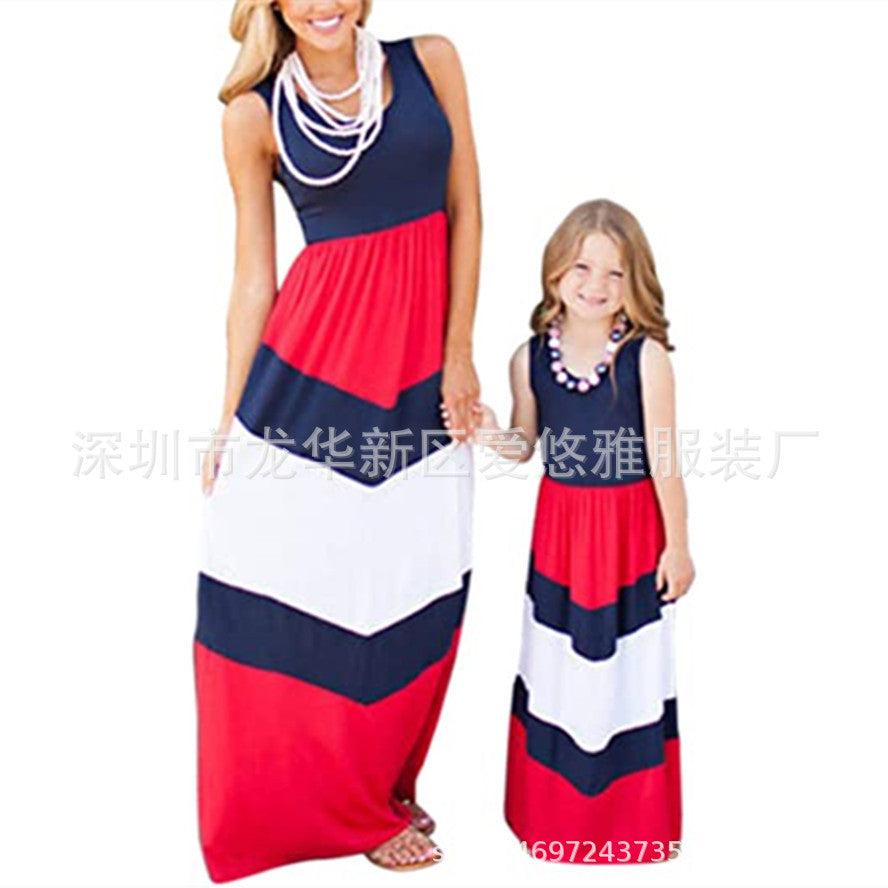 Family Matching Parent-child Stitching Stripe Sleeveless Dress