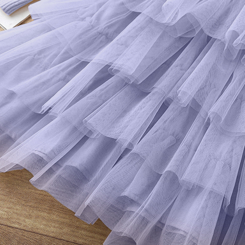 Kid Baby Girl Princess Knitted Cake Long Sleeve Mesh Puffy Dress