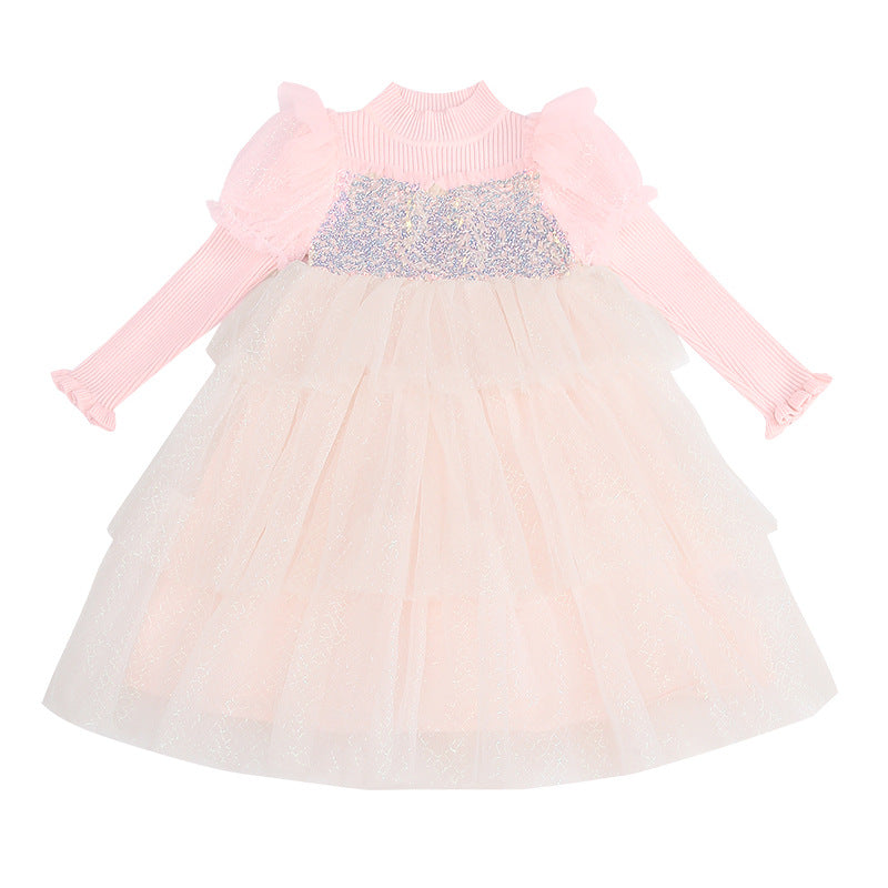 Kid Baby Girl Princess Autumn Knitted Sequins Cake Dress
