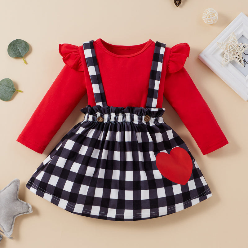 Infants Baby Girls Set Valentine's Day Long Sleeve Plaid Love Strap 2 Pcs Sets