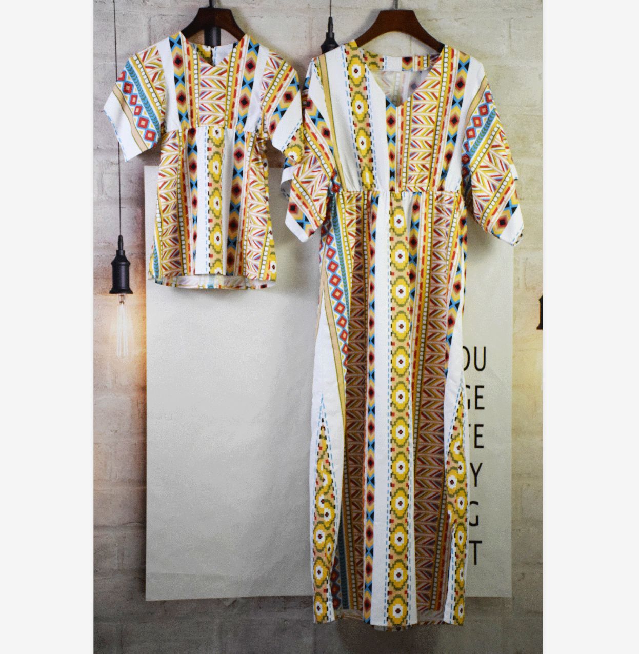 Family Matching Geometric Print V-neck Short Sleeve Long Dress