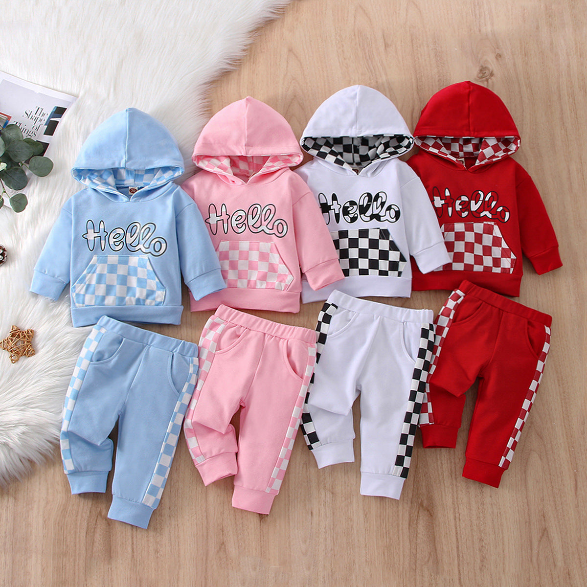 Baby Boy Girl Suit Plaid Hooded Solid Color 2 Pcs Sets