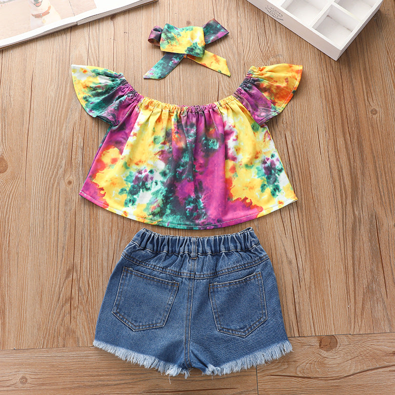Summer Kid Baby Girls Suit Tie-dyed Denim Shorts 3pcs Sets