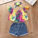 Summer Kid Baby Girls Suit Tie-dyed Denim Shorts 3pcs Sets