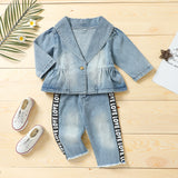 Kid Baby Girl Suit Single Breasted Solid Denim Blue 2 Pcs Sets