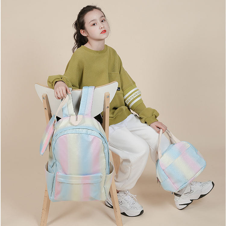 Girl Backpack 3 Piece Set Gradual Rainbow Backpack Lunch Bag Pen Bag