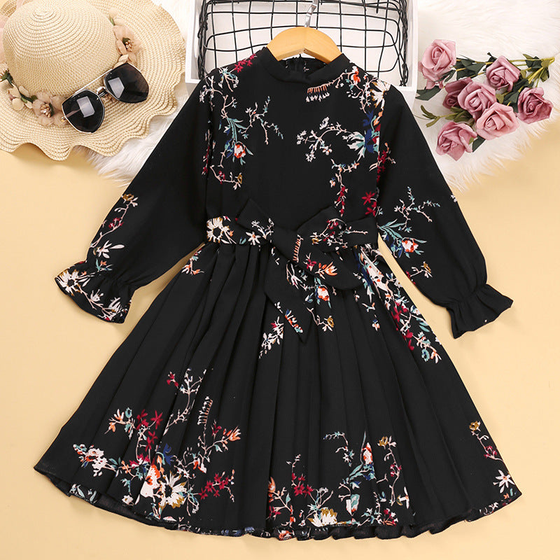 Kid Girls Princess Retro Long-sleved Autumn Winter Flower Dress