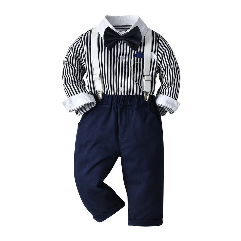 Kid Baby Boy Suit Long Sleeve Striped Suspenders Birthday Suits 2 Pcs Sets