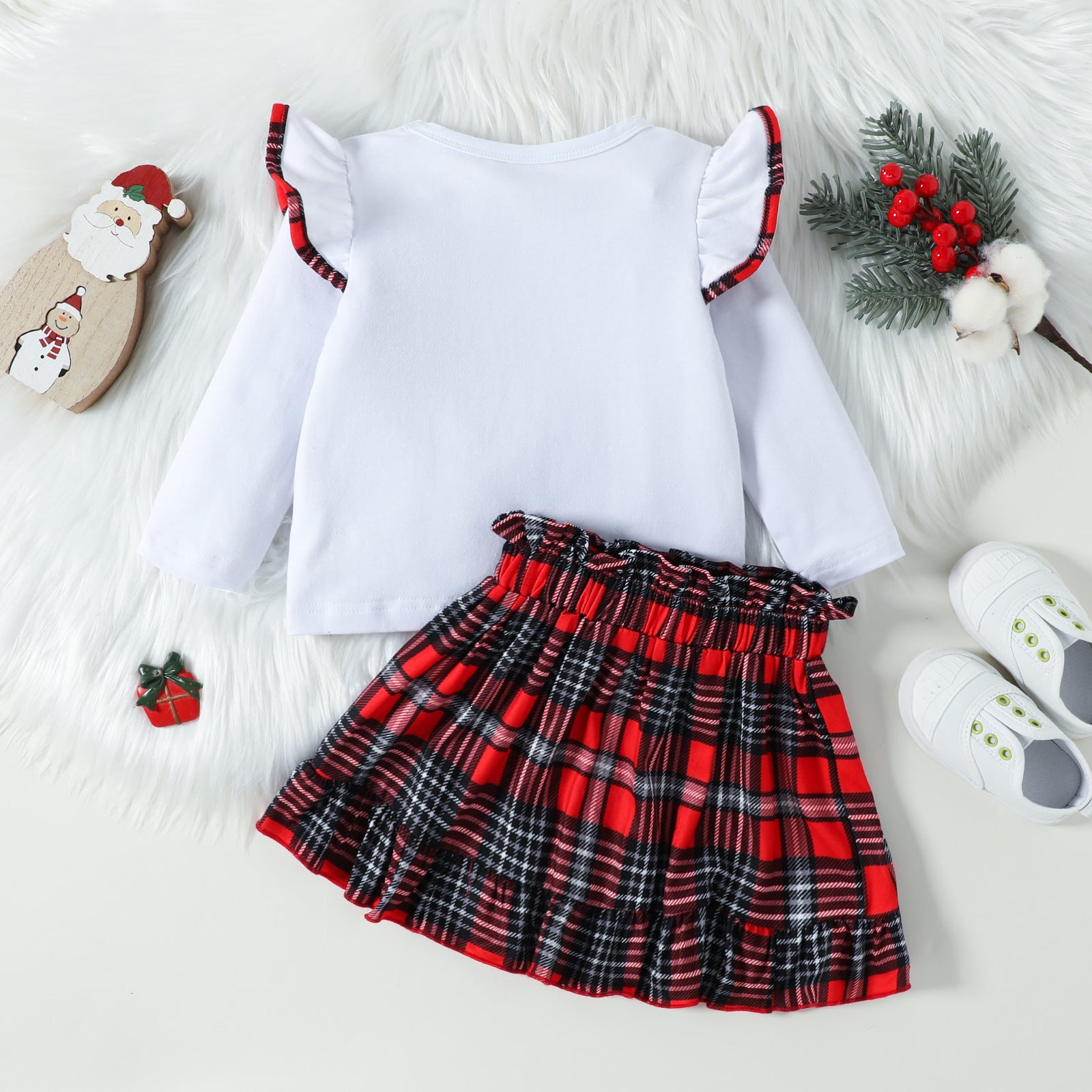 Kid Baby Girl Christmas Long Sleeve Letter Plaid 2 Pcs Sets
